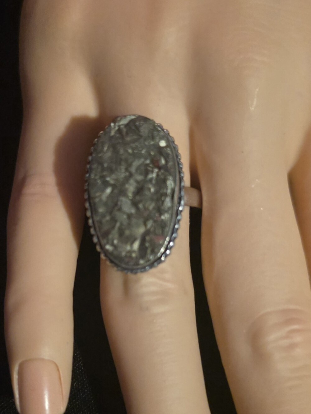 Pyrite Druzy Oval Statement Ring Silver Tone Size 9